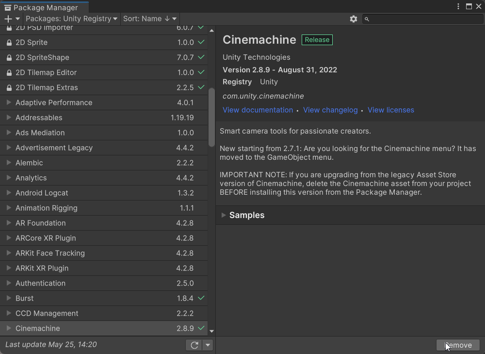 Cinemachine on the Package Manager